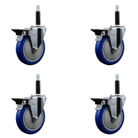 Service Caster 5'' Blue Poly Swivel 3/4'' Expanding Stem Caster Set with Brake, 4PK SCC-EX20S514-PPUB-BLUE-PLB-34-4